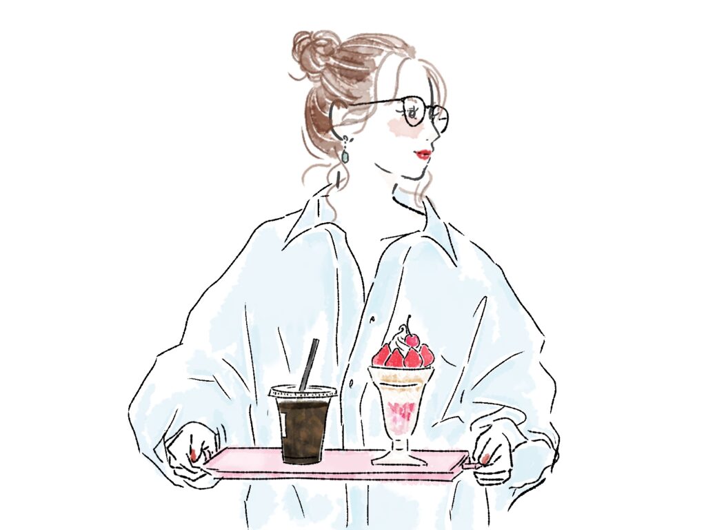 スイーツをトレーに載せて運ぶ眼鏡の女性のイラスト